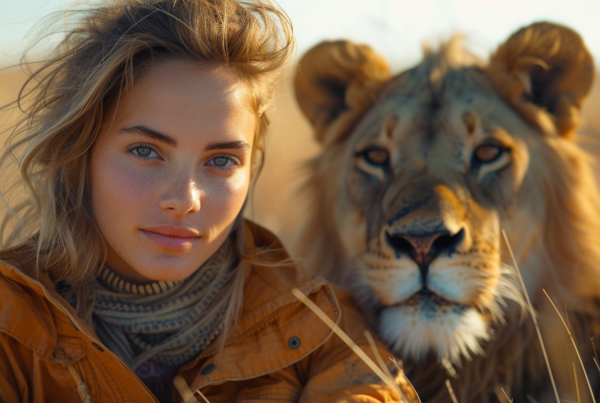 A young woman with long dark hair is standing confidently in a grassy field, wearing a stylish brown jacket. Beside her, a majestic lion is lying down, its fur a beautiful mix of golden and brown tones. The woman is looking towards the camera with a calm expression, while the lion gazes off into the distance. The setting appears to be a natural habitat or a wildlife park, adding a sense of adventure and wonder to the scene. The contrast between the woman''s modern attire and the lion''s wild presence creates a striking visual juxtaposition.