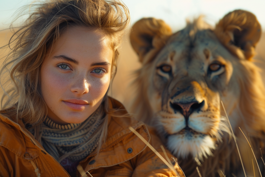 A young woman with long dark hair is standing confidently in a grassy field, wearing a stylish brown jacket. Beside her, a majestic lion is lying down, its fur a beautiful mix of golden and brown tones. The woman is looking towards the camera with a calm expression, while the lion gazes off into the distance. The setting appears to be a natural habitat or a wildlife park, adding a sense of adventure and wonder to the scene. The contrast between the woman''s modern attire and the lion''s wild presence creates a striking visual juxtaposition.