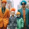 In this image, we see a scene featuring a man and two boys dressed in vibrant orange and blue outfits. The man is wearing a suit and tie, along with a stylish hat. One of the boys has a distinctive orange mohawk hairstyle, while the other boy is wearing goggles. Additionally, there are several cars in the background, adding to the dynamic urban setting. The colors in the image are primarily shades of grey, brown, and blue, with accents of green and red. The composition includes various textures and patterns, creating a visually interesting and lively scene.