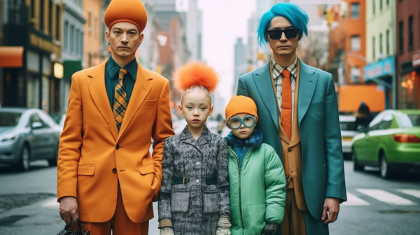 In this image, we see a scene featuring a man and two boys dressed in vibrant orange and blue outfits. The man is wearing a suit and tie, along with a stylish hat. One of the boys has a distinctive orange mohawk hairstyle, while the other boy is wearing goggles. Additionally, there are several cars in the background, adding to the dynamic urban setting. The colors in the image are primarily shades of grey, brown, and blue, with accents of green and red. The composition includes various textures and patterns, creating a visually interesting and lively scene.