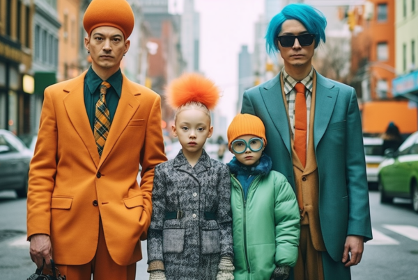 In this image, we see a scene featuring a man and two boys dressed in vibrant orange and blue outfits. The man is wearing a suit and tie, along with a stylish hat. One of the boys has a distinctive orange mohawk hairstyle, while the other boy is wearing goggles. Additionally, there are several cars in the background, adding to the dynamic urban setting. The colors in the image are primarily shades of grey, brown, and blue, with accents of green and red. The composition includes various textures and patterns, creating a visually interesting and lively scene.