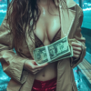 In the image, we see a woman wearing a trench coat and holding a bunch of money in her hands. She is standing in what appears to be a public space. The woman has long hair and is holding the money securely. Additionally, there are objects such as rings and a book in the image. The colors in the image are predominantly shades of blue and green, with accents of dark blue. There is also a man''s face visible in the image, with an estimated age of 58. The overall scene conveys a sense of mystery and wealth.