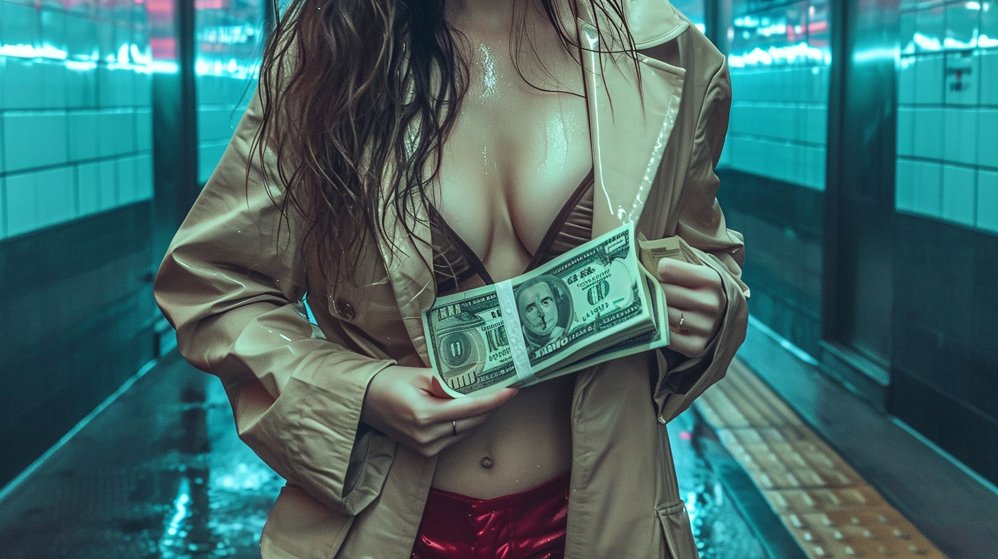 In the image, we see a woman wearing a trench coat and holding a bunch of money in her hands. She is standing in what appears to be a public space. The woman has long hair and is holding the money securely. Additionally, there are objects such as rings and a book in the image. The colors in the image are predominantly shades of blue and green, with accents of dark blue. There is also a man''s face visible in the image, with an estimated age of 58. The overall scene conveys a sense of mystery and wealth.