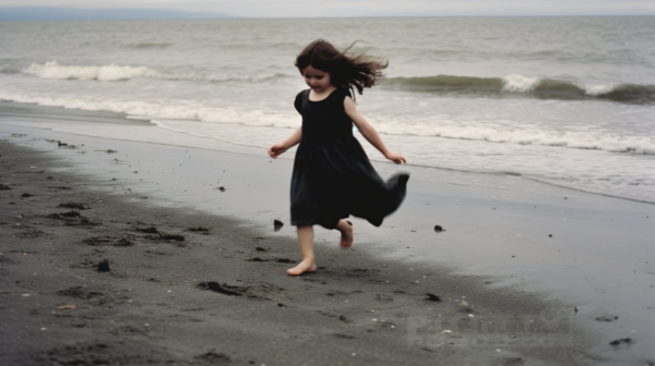 A young girl is seen running joyfully on the sandy beach, her long hair flowing behind her in the wind. She is wearing a black dress as she dashes along the shore, the sunlight casting a warm glow on her skin. The scene captures a carefree moment of pure happiness and freedom. The beach is quiet, with the sound of waves gently crashing in the background. The girl''s movement is fluid and graceful, embodying a sense of playfulness and energy. The image exudes a sense of serenity and joy, evoking a feeling of summer bliss