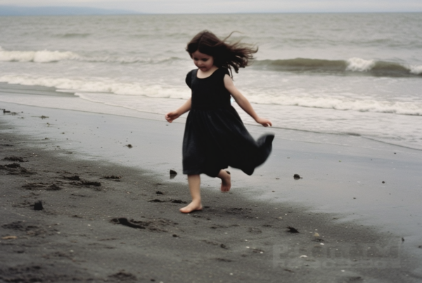 A young girl is seen running joyfully on the sandy beach, her long hair flowing behind her in the wind. She is wearing a black dress as she dashes along the shore, the sunlight casting a warm glow on her skin. The scene captures a carefree moment of pure happiness and freedom. The beach is quiet, with the sound of waves gently crashing in the background. The girl''s movement is fluid and graceful, embodying a sense of playfulness and energy. The image exudes a sense of serenity and joy, evoking a feeling of summer bliss