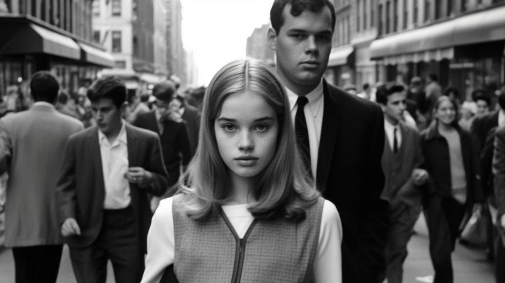 A black and white photo captures a bustling city street scene, with a young woman and man walking amidst a crowd. The woman, wearing a jacket and tie, and the man, in a suit and tie, are strolling down the street lined with various buildings and awnings. In the background, more people can be seen walking along the sidewalk. The image conveys a sense of urban life and activity, with the couple seemingly engaged in conversation as they navigate the busy street. The scene exudes a classic, timeless charm with its monochromatic tones and dynamic composition.