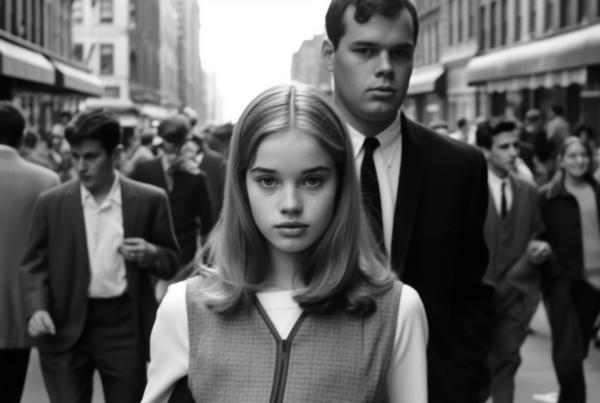 A black and white photo captures a bustling city street scene, with a young woman and man walking amidst a crowd. The woman, wearing a jacket and tie, and the man, in a suit and tie, are strolling down the street lined with various buildings and awnings. In the background, more people can be seen walking along the sidewalk. The image conveys a sense of urban life and activity, with the couple seemingly engaged in conversation as they navigate the busy street. The scene exudes a classic, timeless charm with its monochromatic tones and dynamic composition.