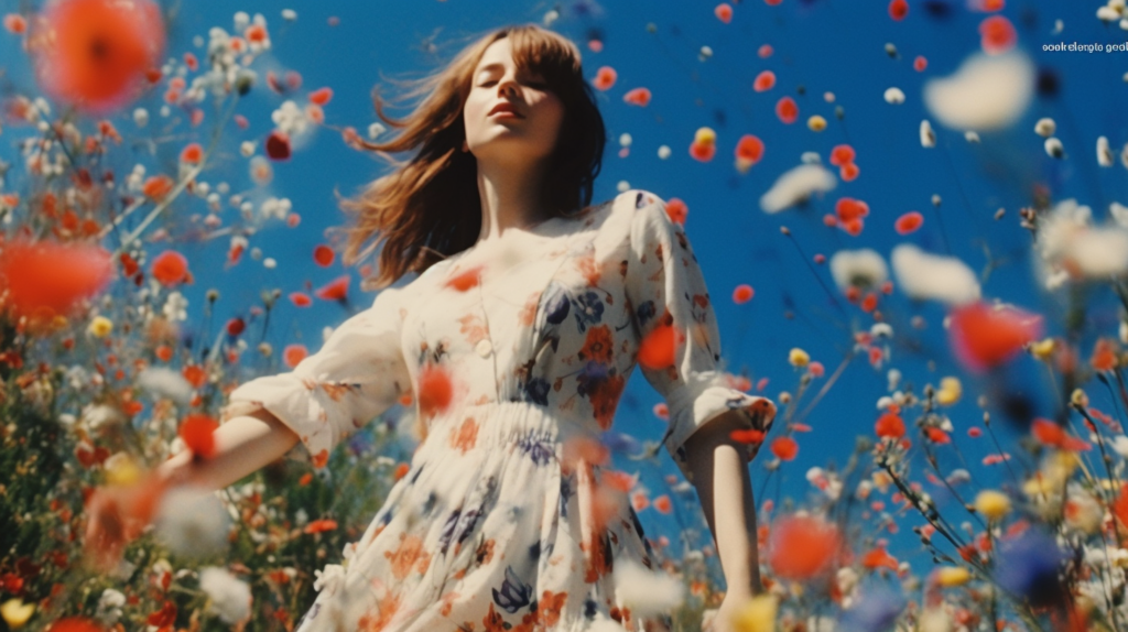 A serene scene unfolds as a woman with long flowing hair stands gracefully in a field of vibrant flowers. She is wearing a beautiful floral dress that perfectly complements the colorful blooms surrounding her. In her hand, she holds a stick, adding a touch of whimsy to the enchanting setting. The sky above is a brilliant shade of blue, providing a striking contrast to the earthy tones below. The woman appears to be at peace, as she takes in the beauty of nature all around her. This picturesque moment captures the essence of tranquility and natural beauty.