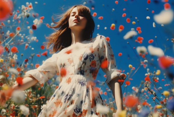 A serene scene unfolds as a woman with long flowing hair stands gracefully in a field of vibrant flowers. She is wearing a beautiful floral dress that perfectly complements the colorful blooms surrounding her. In her hand, she holds a stick, adding a touch of whimsy to the enchanting setting. The sky above is a brilliant shade of blue, providing a striking contrast to the earthy tones below. The woman appears to be at peace, as she takes in the beauty of nature all around her. This picturesque moment captures the essence of tranquility and natural beauty.