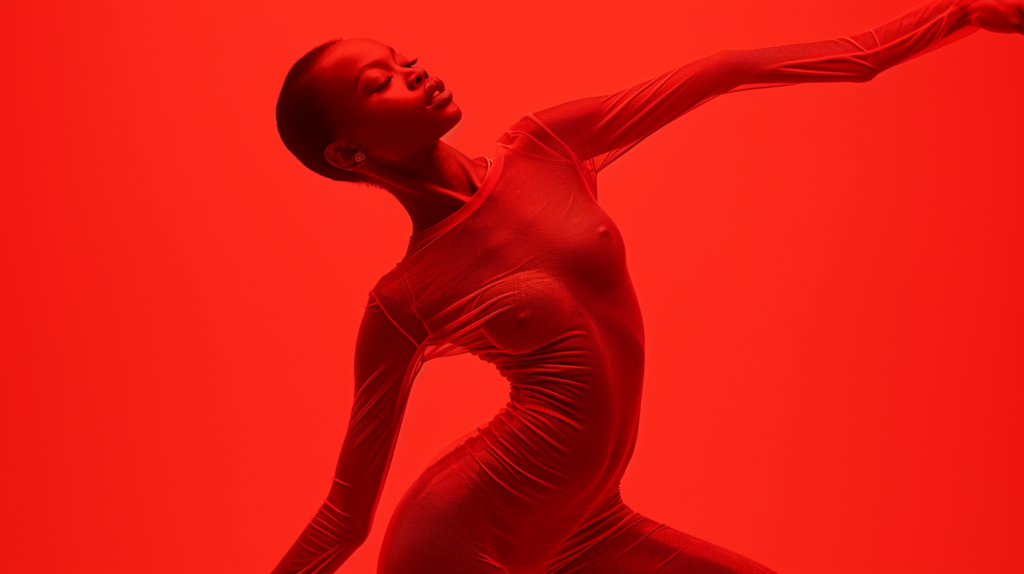 In this image, a woman is seen wearing a vibrant red bodysuit, striking a pose in front of a red background. She exudes confidence and grace as she poses for the camera, with her arms outstretched. The bold red colors of the bodysuit and background create a striking visual contrast, drawing attention to the woman''s figure and movement. The woman''s posture suggests she may be dancing or performing, adding a dynamic element to the composition. Her expression is focused and determined, adding to the sense of energy and motion captured in the photograph.