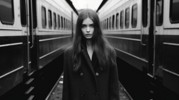 In this black and white photo, a woman is captured standing in front of a train. The woman is wearing a dark coat and has long hair. She appears to be standing confidently, with the train serving as a striking backdrop. The image focuses on the woman''s figure as she stands tall and composed. The train behind her adds a sense of movement and energy to the scene. The woman''s face is visible, showcasing her youthfulness. The overall composition of the photo creates a timeless and classic feel, emphasizing the contrast between the woman and the train.