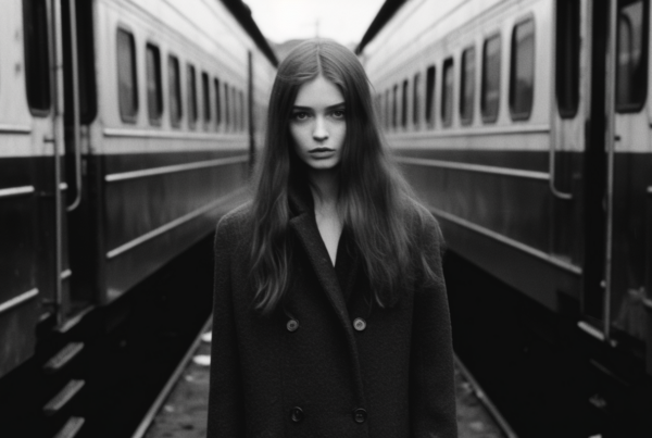 In this black and white photo, a woman is captured standing in front of a train. The woman is wearing a dark coat and has long hair. She appears to be standing confidently, with the train serving as a striking backdrop. The image focuses on the woman''s figure as she stands tall and composed. The train behind her adds a sense of movement and energy to the scene. The woman''s face is visible, showcasing her youthfulness. The overall composition of the photo creates a timeless and classic feel, emphasizing the contrast between the woman and the train.