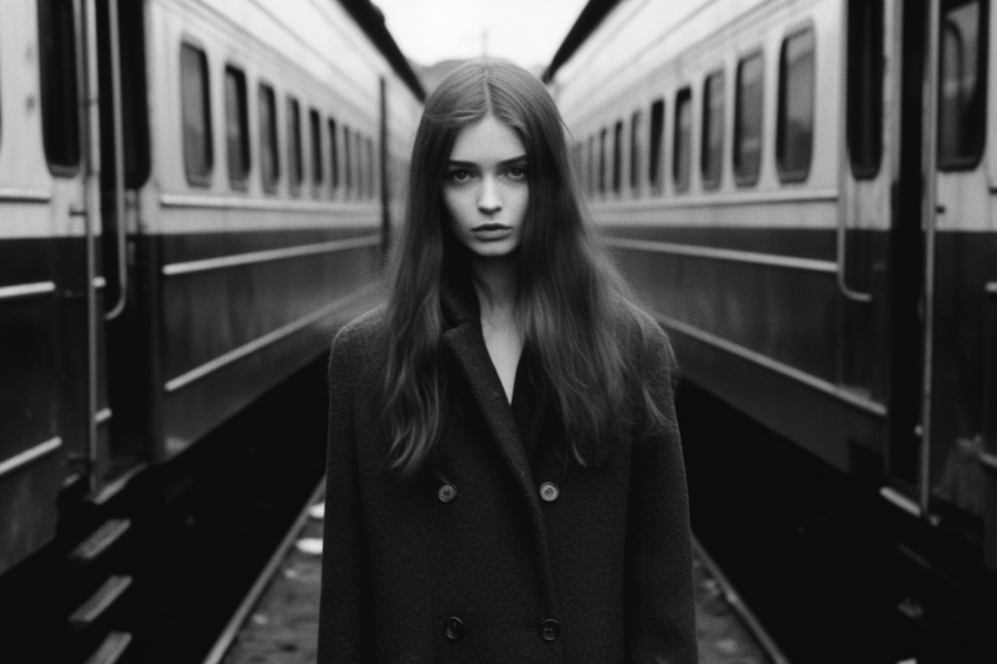 In this black and white photo, a woman is captured standing in front of a train. The woman is wearing a dark coat and has long hair. She appears to be standing confidently, with the train serving as a striking backdrop. The image focuses on the woman''s figure as she stands tall and composed. The train behind her adds a sense of movement and energy to the scene. The woman''s face is visible, showcasing her youthfulness. The overall composition of the photo creates a timeless and classic feel, emphasizing the contrast between the woman and the train.