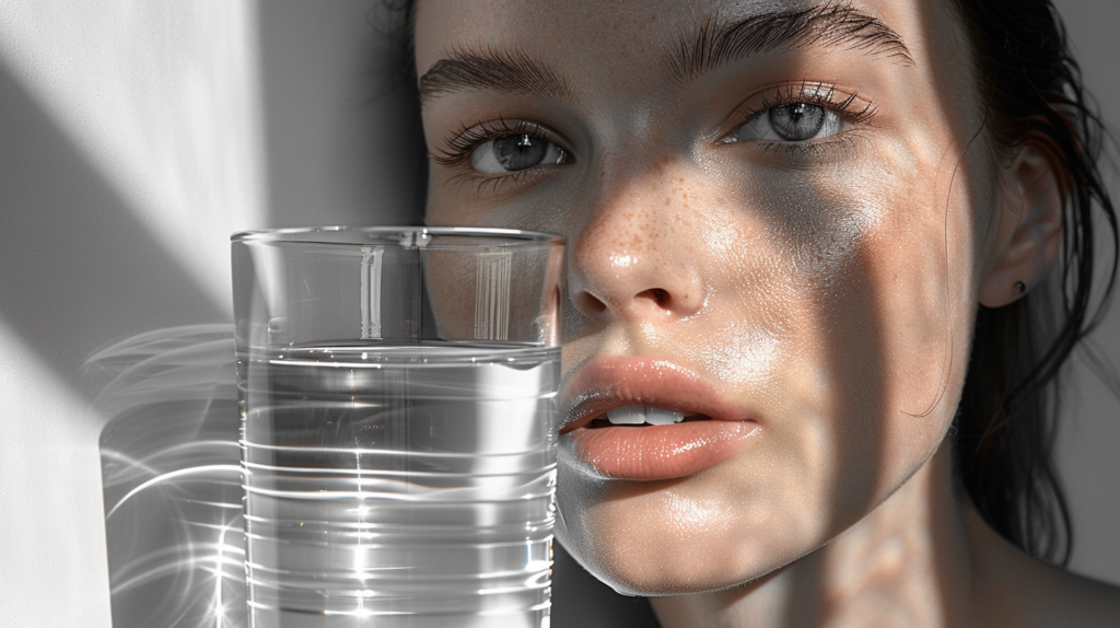 In this image, we see a woman standing in front of the camera, holding a glass of water in front of her face. The woman appears to be Caucasian with long brown hair and is wearing a white top. The focus is on the glass of water she is holding, which is transparent and filled with clear liquid. The background is blurred, drawing attention to the woman and the glass in her hand. The lighting is soft and natural, enhancing the overall serene and refreshing vibe of the scene. The woman''s expression is not visible, as the glass of water partially covers her face.