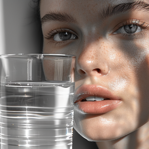 In this image, we see a woman standing in front of the camera, holding a glass of water in front of her face. The woman appears to be Caucasian with long brown hair and is wearing a white top. The focus is on the glass of water she is holding, which is transparent and filled with clear liquid. The background is blurred, drawing attention to the woman and the glass in her hand. The lighting is soft and natural, enhancing the overall serene and refreshing vibe of the scene. The woman''s expression is not visible, as the glass of water partially covers her face.