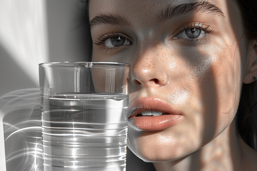 In this image, we see a woman standing in front of the camera, holding a glass of water in front of her face. The woman appears to be Caucasian with long brown hair and is wearing a white top. The focus is on the glass of water she is holding, which is transparent and filled with clear liquid. The background is blurred, drawing attention to the woman and the glass in her hand. The lighting is soft and natural, enhancing the overall serene and refreshing vibe of the scene. The woman''s expression is not visible, as the glass of water partially covers her face.