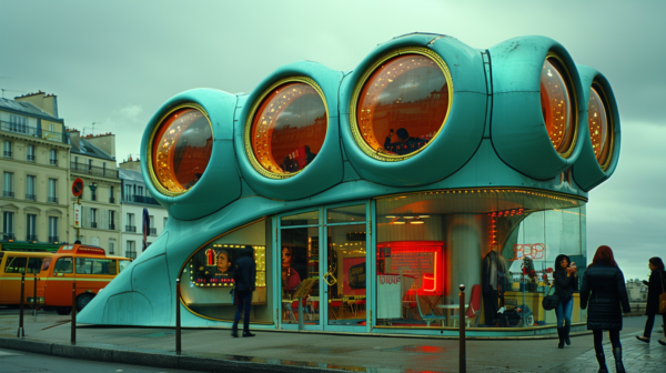 A bustling city scene is captured in this image, showcasing a building with a unique design featuring a giant blue structure on its side. The photo includes several people in the foreground, with a man and a woman on a skateboard, a woman walking down the street holding a cell phone, and various individuals scattered throughout. Additionally, a bus and a blue car can be seen in the background. The architecture of the building stands out with two circular windows, while the overall color palette consists of earthy tones such as green and brown, with accents of red and blue.