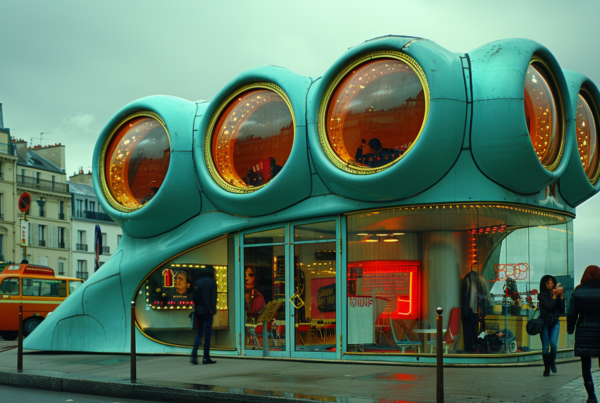 A bustling city scene is captured in this image, showcasing a building with a unique design featuring a giant blue structure on its side. The photo includes several people in the foreground, with a man and a woman on a skateboard, a woman walking down the street holding a cell phone, and various individuals scattered throughout. Additionally, a bus and a blue car can be seen in the background. The architecture of the building stands out with two circular windows, while the overall color palette consists of earthy tones such as green and brown, with accents of red and blue.