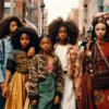 A group of five young women are standing on a bustling city street. They are all wearing trendy and stylish outfits, with one woman in a striking red dress and carrying a brown purse catching the eye. The women have varying hairstyles, including a woman with a large afro. The background shows a busy road and a mix of buildings in different shades of brown and grey. The women appear confident and stylish, with one holding a handbag. The overall scene exudes a sense of urban fashion and camaraderie among the group.