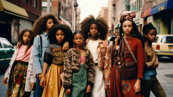 A group of five young women are standing on a bustling city street. They are all wearing trendy and stylish outfits, with one woman in a striking red dress and carrying a brown purse catching the eye. The women have varying hairstyles, including a woman with a large afro. The background shows a busy road and a mix of buildings in different shades of brown and grey. The women appear confident and stylish, with one holding a handbag. The overall scene exudes a sense of urban fashion and camaraderie among the group.