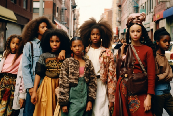 A group of five young women are standing on a bustling city street. They are all wearing trendy and stylish outfits, with one woman in a striking red dress and carrying a brown purse catching the eye. The women have varying hairstyles, including a woman with a large afro. The background shows a busy road and a mix of buildings in different shades of brown and grey. The women appear confident and stylish, with one holding a handbag. The overall scene exudes a sense of urban fashion and camaraderie among the group.
