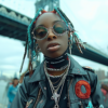 In this image, we see a woman with dreadlocks and a leather jacket. She is standing confidently, exuding a cool and edgy vibe. The woman is also wearing sunglasses, adding to her stylish look. In the background, there are various other people present, some wearing goggles and necklaces. The setting appears to be on a road with a bridge in the background. The color palette consists of earthy tones like browns and blues, giving the image a gritty urban feel. Overall, the scene captures a sense of urban fashion and individuality.