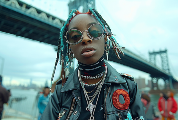 In this image, we see a woman with dreadlocks and a leather jacket. She is standing confidently, exuding a cool and edgy vibe. The woman is also wearing sunglasses, adding to her stylish look. In the background, there are various other people present, some wearing goggles and necklaces. The setting appears to be on a road with a bridge in the background. The color palette consists of earthy tones like browns and blues, giving the image a gritty urban feel. Overall, the scene captures a sense of urban fashion and individuality.