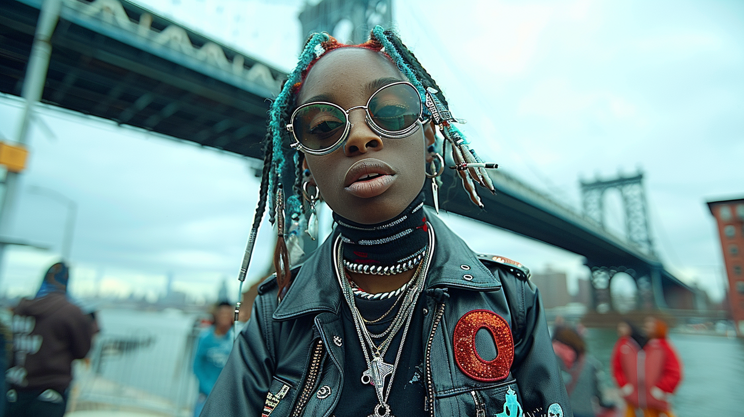 In this image, we see a woman with dreadlocks and a leather jacket. She is standing confidently, exuding a cool and edgy vibe. The woman is also wearing sunglasses, adding to her stylish look. In the background, there are various other people present, some wearing goggles and necklaces. The setting appears to be on a road with a bridge in the background. The color palette consists of earthy tones like browns and blues, giving the image a gritty urban feel. Overall, the scene captures a sense of urban fashion and individuality.