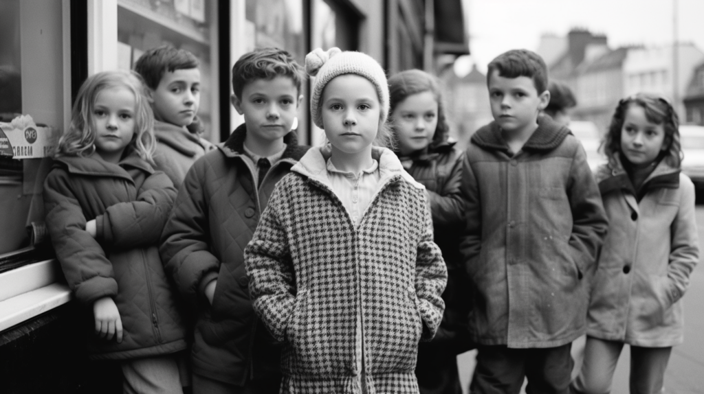 A black and white photo depicting a group of children standing next to each other. The children are a mix of boys and girls, with some wearing coats and jeans, and one girl wearing a dress. The image shows a total of eight children, with some wearing hats. The children are standing in front of what appears to be a store, as there is a window in the background. The photo captures a candid moment of the children interacting with each other. The children range in age from 5 to 9 years old, and there is a mix of genders present.