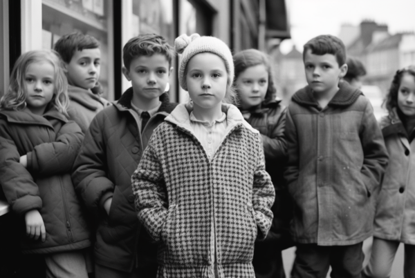 A black and white photo depicting a group of children standing next to each other. The children are a mix of boys and girls, with some wearing coats and jeans, and one girl wearing a dress. The image shows a total of eight children, with some wearing hats. The children are standing in front of what appears to be a store, as there is a window in the background. The photo captures a candid moment of the children interacting with each other. The children range in age from 5 to 9 years old, and there is a mix of genders present.