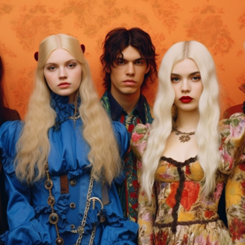 A diverse group of five people are standing next to each other in the image. The individuals include three men and two women, with one woman having long blonde hair and the other woman wearing a blue dress. One of the men has long hair and a beard, while another man is seen wearing a colorful tie. The people are casually dressed, with one man wearing a brown jacket and blue shirt. Various accessories such as necklaces, watches, and a belt are also visible. The scene captures a moment of casual interaction amongst the group.