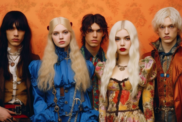 A diverse group of five people are standing next to each other in the image. The individuals include three men and two women, with one woman having long blonde hair and the other woman wearing a blue dress. One of the men has long hair and a beard, while another man is seen wearing a colorful tie. The people are casually dressed, with one man wearing a brown jacket and blue shirt. Various accessories such as necklaces, watches, and a belt are also visible. The scene captures a moment of casual interaction amongst the group.