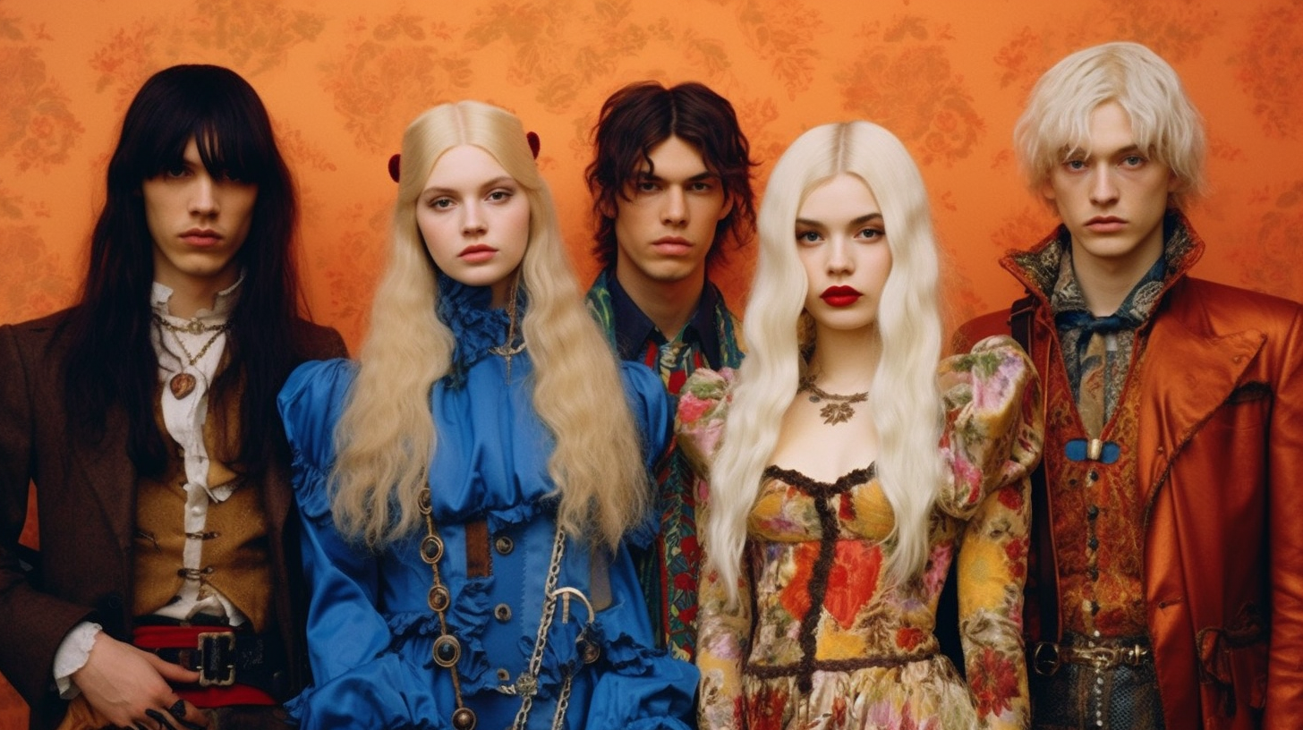 A diverse group of five people are standing next to each other in the image. The individuals include three men and two women, with one woman having long blonde hair and the other woman wearing a blue dress. One of the men has long hair and a beard, while another man is seen wearing a colorful tie. The people are casually dressed, with one man wearing a brown jacket and blue shirt. Various accessories such as necklaces, watches, and a belt are also visible. The scene captures a moment of casual interaction amongst the group.