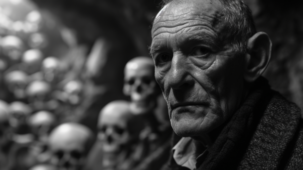 A black and white photo shows a man standing in front of a collection of numerous skulls, creating a haunting and eerie atmosphere. The man''s expression is serious and contemplative as he is surrounded by the macabre decor. The skulls vary in size and shape, adding to the unsettling nature of the scene. The contrast between the dark shadows and the white skulls enhances the dramatic effect of the image. The man appears to be the focal point of the photo, with the skulls serving as a haunting backdrop.