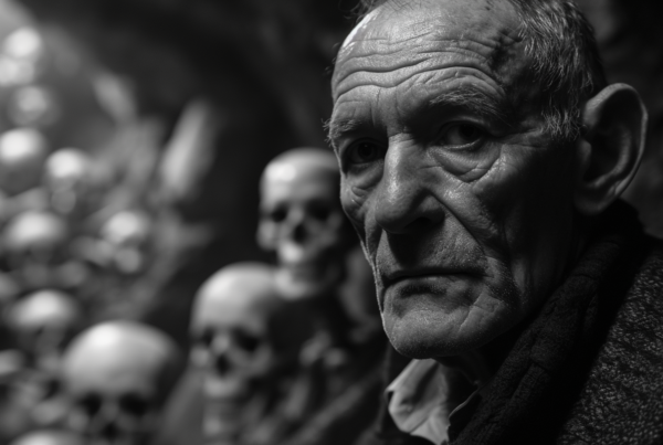 A black and white photo shows a man standing in front of a collection of numerous skulls, creating a haunting and eerie atmosphere. The man''s expression is serious and contemplative as he is surrounded by the macabre decor. The skulls vary in size and shape, adding to the unsettling nature of the scene. The contrast between the dark shadows and the white skulls enhances the dramatic effect of the image. The man appears to be the focal point of the photo, with the skulls serving as a haunting backdrop.