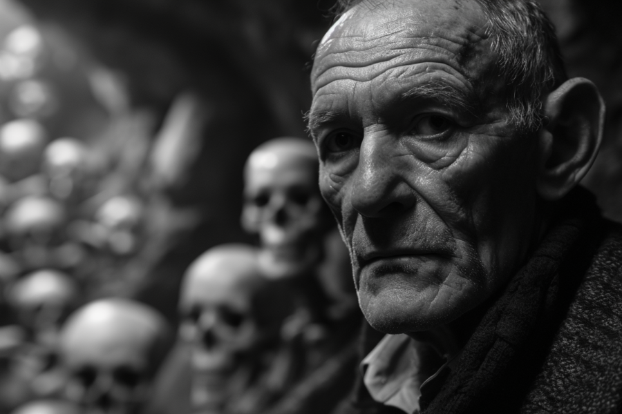 A black and white photo shows a man standing in front of a collection of numerous skulls, creating a haunting and eerie atmosphere. The man''s expression is serious and contemplative as he is surrounded by the macabre decor. The skulls vary in size and shape, adding to the unsettling nature of the scene. The contrast between the dark shadows and the white skulls enhances the dramatic effect of the image. The man appears to be the focal point of the photo, with the skulls serving as a haunting backdrop.