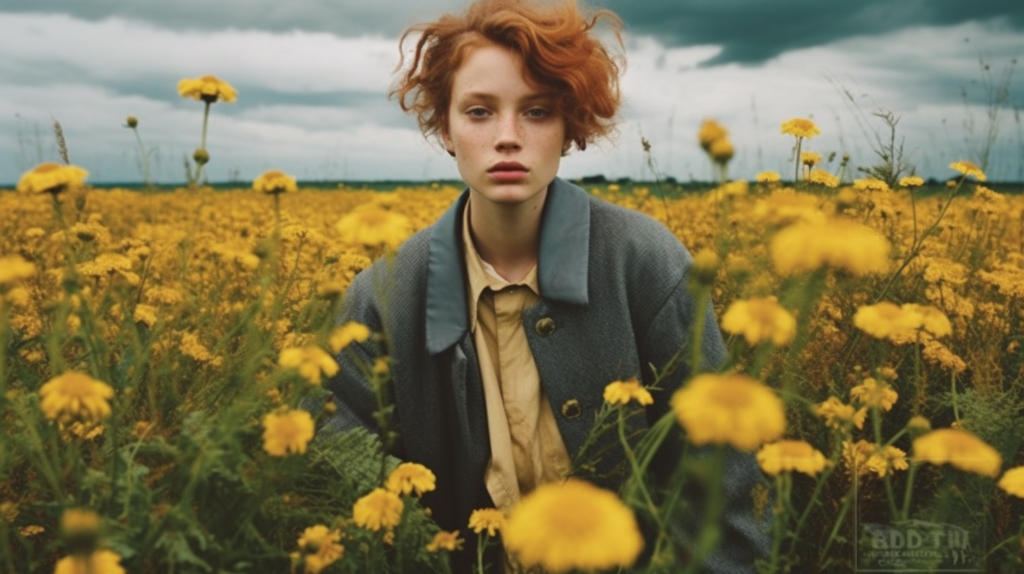 A young woman with red hair is standing in a beautiful field of vibrant yellow flowers. The sunlight is shining down, casting a warm glow on the scene. She is wearing a yellow shirt and is surrounded by the stunning floral landscape. In the background, there are trees and a clear blue sky. The woman exudes a sense of peace and happiness as she takes in the beauty of her surroundings. The image captures a serene moment in nature, with the woman at the center of it all, a perfect blend of human presence and natural beauty.