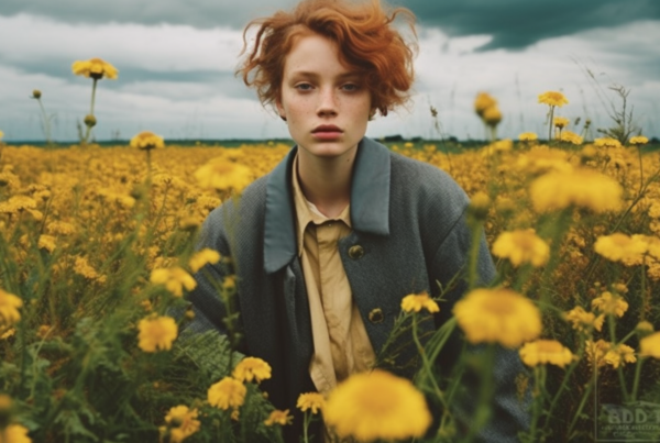 A young woman with red hair is standing in a beautiful field of vibrant yellow flowers. The sunlight is shining down, casting a warm glow on the scene. She is wearing a yellow shirt and is surrounded by the stunning floral landscape. In the background, there are trees and a clear blue sky. The woman exudes a sense of peace and happiness as she takes in the beauty of her surroundings. The image captures a serene moment in nature, with the woman at the center of it all, a perfect blend of human presence and natural beauty.