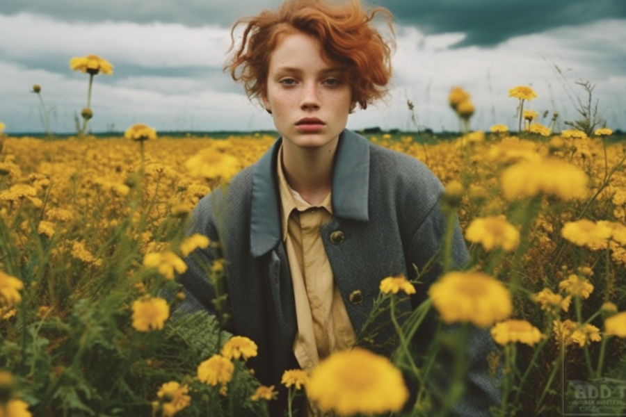 A young woman with red hair is standing in a beautiful field of vibrant yellow flowers. The sunlight is shining down, casting a warm glow on the scene. She is wearing a yellow shirt and is surrounded by the stunning floral landscape. In the background, there are trees and a clear blue sky. The woman exudes a sense of peace and happiness as she takes in the beauty of her surroundings. The image captures a serene moment in nature, with the woman at the center of it all, a perfect blend of human presence and natural beauty.