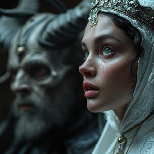 In the image, we see a woman wearing a stunning white dress paired with a gold crown, exuding elegance and grace. Standing beside her is a man in a white mask, adding an air of mystery to the scene. The woman''s attire is further accentuated by a gold necklace adorning her neck. The colors in the image are primarily shades of white, blue, and black, creating a sophisticated and classic aesthetic. The woman appears youthful, around 24 years old, while the man is older, around 57 years old. The overall composition evokes a sense of drama and intrigue, reminiscent of a theatrical performance.