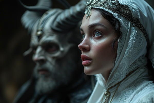 In the image, we see a woman wearing a stunning white dress paired with a gold crown, exuding elegance and grace. Standing beside her is a man in a white mask, adding an air of mystery to the scene. The woman''s attire is further accentuated by a gold necklace adorning her neck. The colors in the image are primarily shades of white, blue, and black, creating a sophisticated and classic aesthetic. The woman appears youthful, around 24 years old, while the man is older, around 57 years old. The overall composition evokes a sense of drama and intrigue, reminiscent of a theatrical performance.