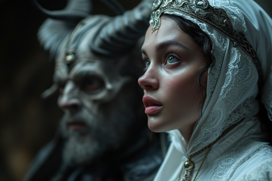 In the image, we see a woman wearing a stunning white dress paired with a gold crown, exuding elegance and grace. Standing beside her is a man in a white mask, adding an air of mystery to the scene. The woman''s attire is further accentuated by a gold necklace adorning her neck. The colors in the image are primarily shades of white, blue, and black, creating a sophisticated and classic aesthetic. The woman appears youthful, around 24 years old, while the man is older, around 57 years old. The overall composition evokes a sense of drama and intrigue, reminiscent of a theatrical performance.