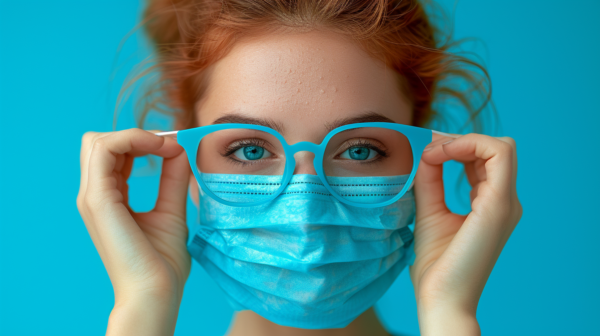 A young woman with a blue face mask and glasses is the focal point of the image. She appears to be in her mid-twenties with long hair and is looking directly at the camera. The blue mask covers her nose and mouth, while the glasses frame her eyes. The woman is wearing a casual outfit, and her hands are not visible in the frame. The background is blurred, emphasizing the woman''s features. The colors in the image are predominantly shades of blue and brown. Overall, the image depicts a stylish and modern woman embracing the necessity of wearing protective gear.