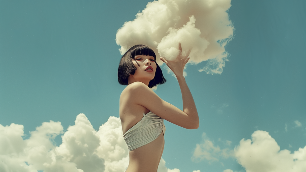 A woman in a bikini is standing outdoors, holding a cloud in the air. The woman has a youthful appearance, likely in her early twenties, with short hair and a large bust. She is confidently posing with the cloud, which adds a whimsical and dreamy element to the scene. The woman''s face and shoulders are the focus of the image, exuding a sense of serenity and beauty. The colors in the image are primarily shades of green and beige, creating a calm and natural atmosphere. The overall composition suggests a sense of freedom and connection to nature.