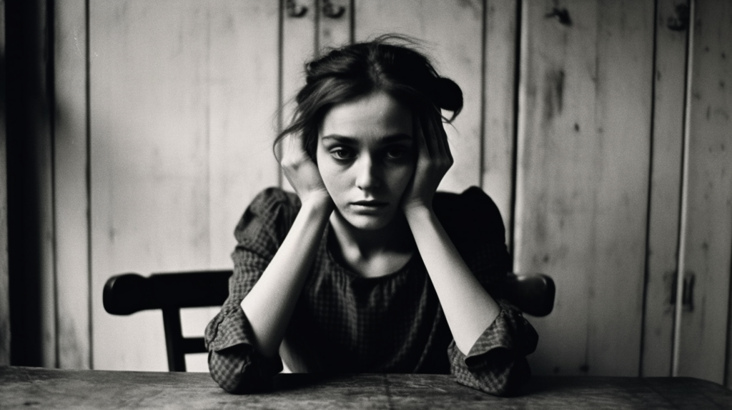 In this black and white photo, a young woman is seated at a table, her hands resting on her head in a gesture of frustration or contemplation. The woman appears to be deep in thought, her expression conveying a sense of introspection. She is wearing a white shirt and a black tie. The background is simple, emphasizing the focus on the woman. A chair is positioned beside her, adding to the composition of the image. The overall mood is one of solitude and reflection, captured in the monochromatic tones of the photograph.