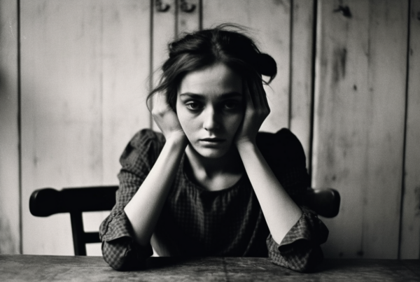 In this black and white photo, a young woman is seated at a table, her hands resting on her head in a gesture of frustration or contemplation. The woman appears to be deep in thought, her expression conveying a sense of introspection. She is wearing a white shirt and a black tie. The background is simple, emphasizing the focus on the woman. A chair is positioned beside her, adding to the composition of the image. The overall mood is one of solitude and reflection, captured in the monochromatic tones of the photograph.