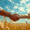 n this image, we see a man and a woman standing in a vast field of golden wheat, holding hands. The couple is surrounded by the tall wheat stalks, with the clear blue sky above them. The scene exudes a sense of peace and tranquility, as the couple''s hands are clasped together in a gesture of love and connection. The sunlight illuminates the field, casting a warm glow on the pair. The colors of the wheat field, the sky, and the couple''s clothing create a harmonious and serene atmosphere. It''s a beautiful moment captured in nature, symbolizing unity and harmony.