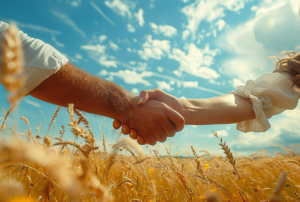 n this image, we see a man and a woman standing in a vast field of golden wheat, holding hands. The couple is surrounded by the tall wheat stalks, with the clear blue sky above them. The scene exudes a sense of peace and tranquility, as the couple''s hands are clasped together in a gesture of love and connection. The sunlight illuminates the field, casting a warm glow on the pair. The colors of the wheat field, the sky, and the couple''s clothing create a harmonious and serene atmosphere. It''s a beautiful moment captured in nature, symbolizing unity and harmony.