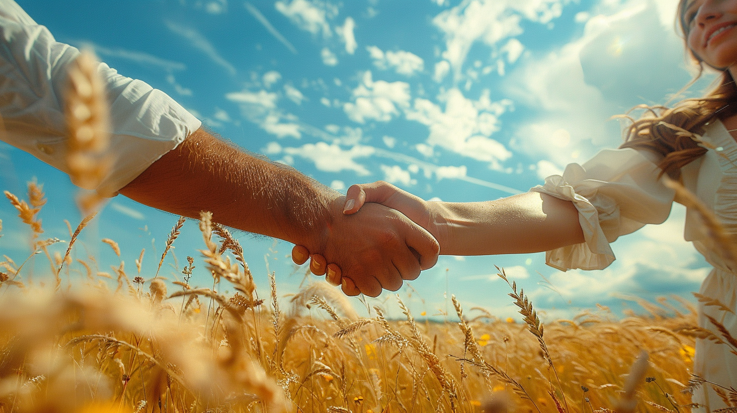 n this image, we see a man and a woman standing in a vast field of golden wheat, holding hands. The couple is surrounded by the tall wheat stalks, with the clear blue sky above them. The scene exudes a sense of peace and tranquility, as the couple''s hands are clasped together in a gesture of love and connection. The sunlight illuminates the field, casting a warm glow on the pair. The colors of the wheat field, the sky, and the couple''s clothing create a harmonious and serene atmosphere. It''s a beautiful moment captured in nature, symbolizing unity and harmony.