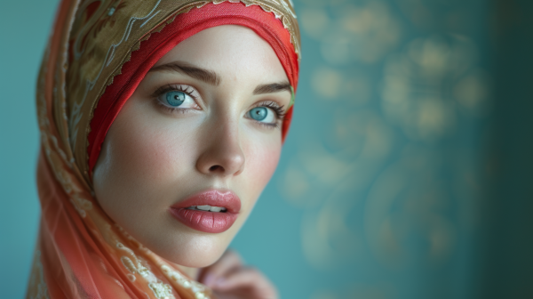 A beautiful woman with a striking red headscarf and a gold scarf is elegantly pictured. She has captivating blue eyes and wears a red hat. The woman''s portrait showcases her stunning features, including her red lipstick. The image focuses on her face, highlighting the intricate details of her headscarf and scarf. The woman exudes elegance and beauty, with a serene expression on her face. The overall color palette includes shades of brown, beige, and green, creating a harmonious and visually appealing composition.